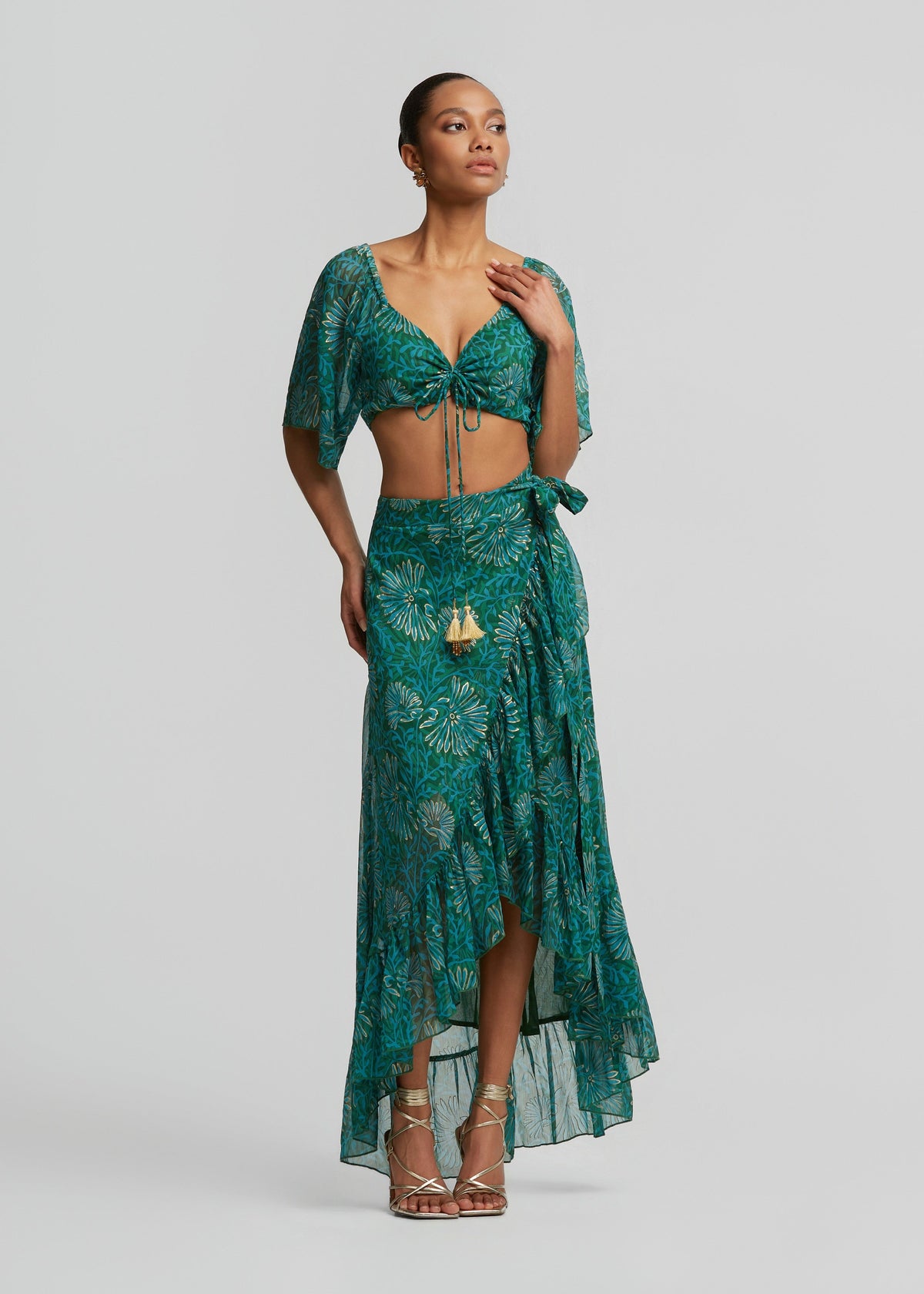 Εμπριμέ μάξι φούστα με λούρεξ λεπτομέρειες